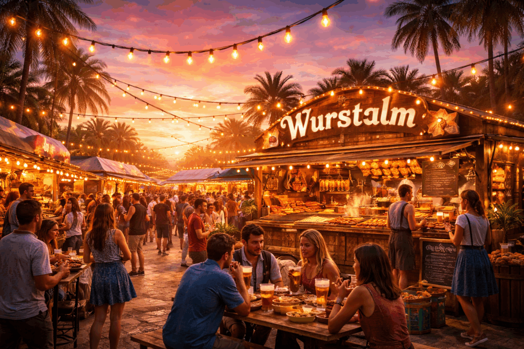 Oktoberfest en España con foodtruck Wurstalm, fiesta de la cerveza, bratwurst alemana, street food, evento gastronómico junto al mar