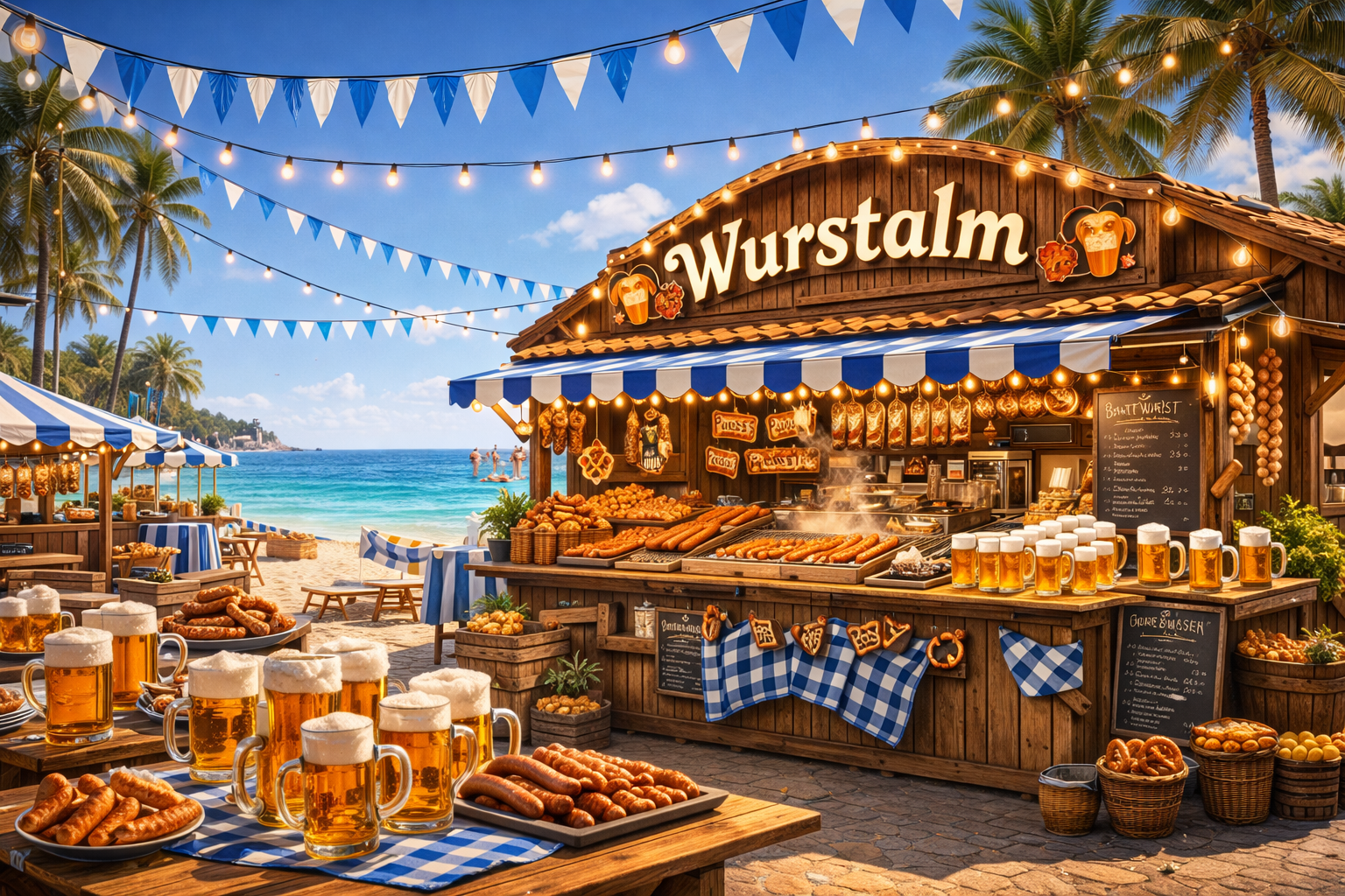 Oktoberfest en España con foodtruck Wurstalm, fiesta de la cerveza, bratwurst alemana, street food, evento gastronómico junto al mar