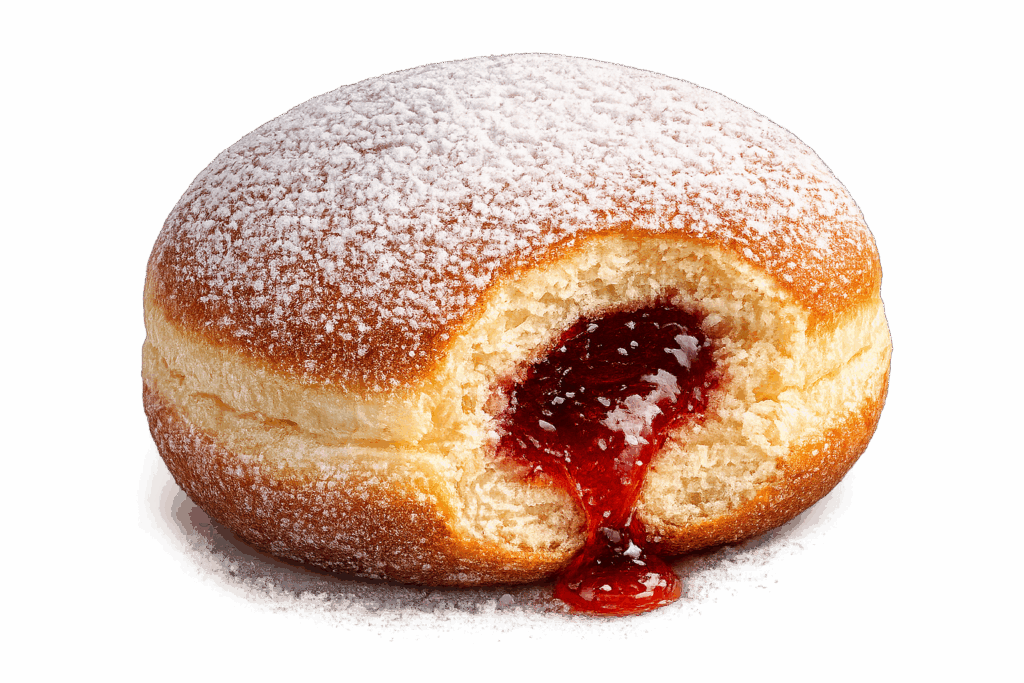 Bayerischer Krapfen mit Puderzucker und fruchtiger Marmeladenfüllung – traditioneller deutscher Berliner